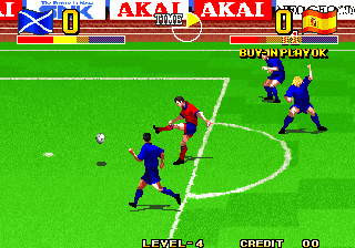 Spiele jetzt Das Ultimative 11 - SNK Fußballmeisterschaft / Tokuten Ou - Honoo no Libero - Arcade :xxx – :yyy Spiel-Screenshot